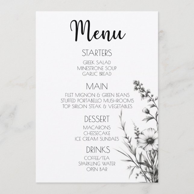 Bold B&W Wildflowers Menu (Front)