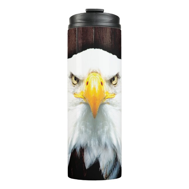 Bold Bald Eagle With American Flag Background  Thermal Tumbler (Front)