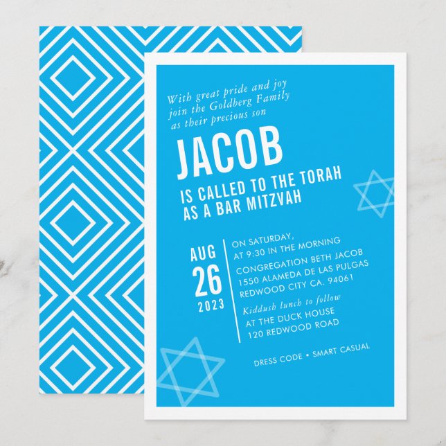 BOLD BAR MITZVAH simple modern angle aqua white Invitation (Front/Back)