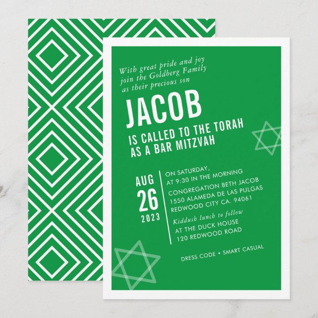 BOLD BAR MITZVAH simple modern angle green white Invitation (Front/Back)