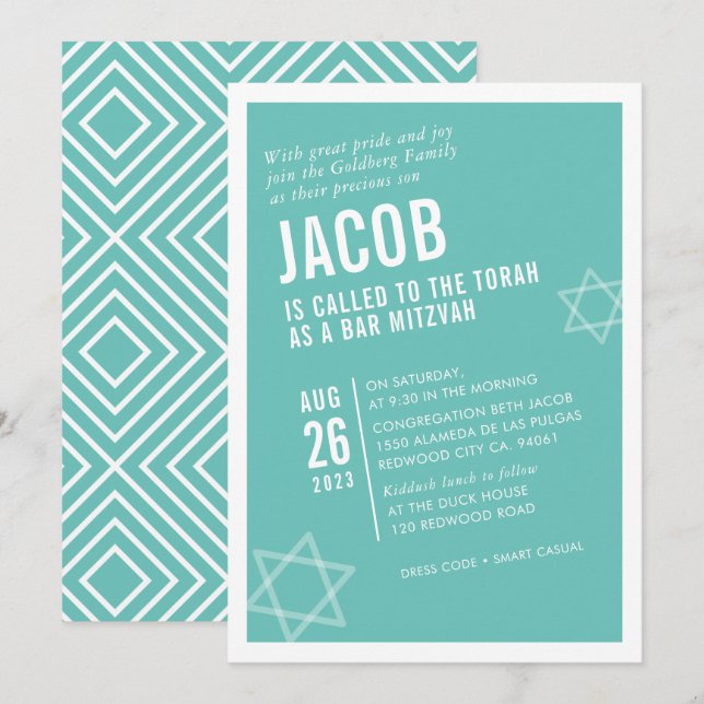 BOLD BAR MITZVAH simple modern angle mint white Invitation (Front/Back)