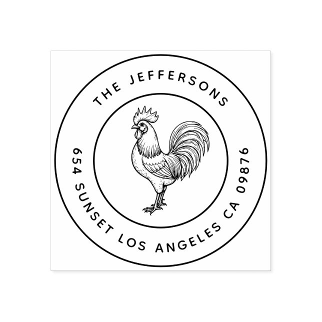 Bold Barnyard Chic Rooster Family Address Rubber Stamp (Imprint)