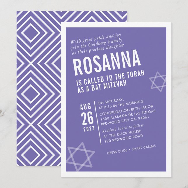 BOLD BAT MITZVAH cute modern angle lilac white Invitation (Front/Back)