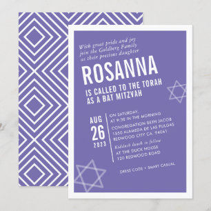 BOLD BAT MITZVAH cute modern angle lilac white Invitation