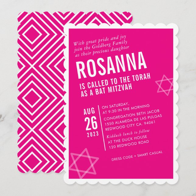 BOLD BAT MITZVAH modern angle cute hot pink white Invitation (Front/Back)