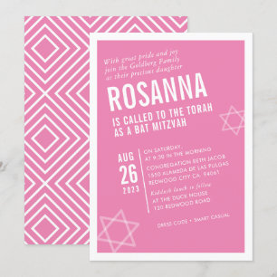 BOLD BAT MITZVAH simple modern angle pink white Invitation
