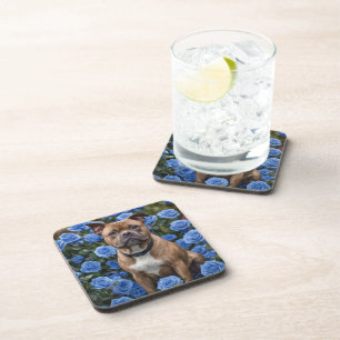 "Bold Beauty: A Brown Staffy in a Blue Rose Garden Coaster