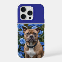 "Bold Beauty: A Brown Staffy in a Blue Rose Garden