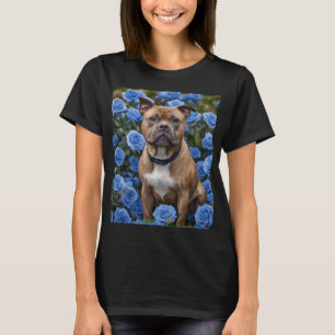 "Bold Beauty: A Brown Staffy in a Blue Rose Garden T-Shirt