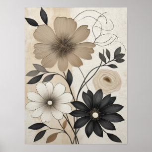 Bold Beige and Black Floral Modern Neutral Flower Poster