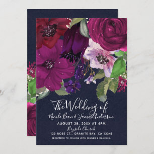 Bold Berry Fuchsia Floral Bouquet Chic Wedding Invitation