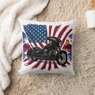 Bold bike with vibrant flag backdrop cushion