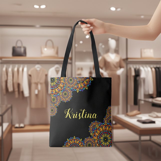 Bold Black and Colourful Floral Mandala Name Tote Bag (Creator Uploaded)