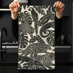 Bold Black and Cream Tropical Jungle Animals Tea Towel