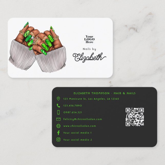 Bold Black and Green Nail Salon Branding for Women Business Card (Front/Back)
