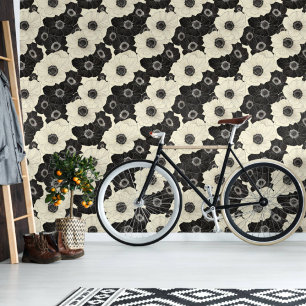 Bold Black and Off White Anemone Floral Removable Wallpaper