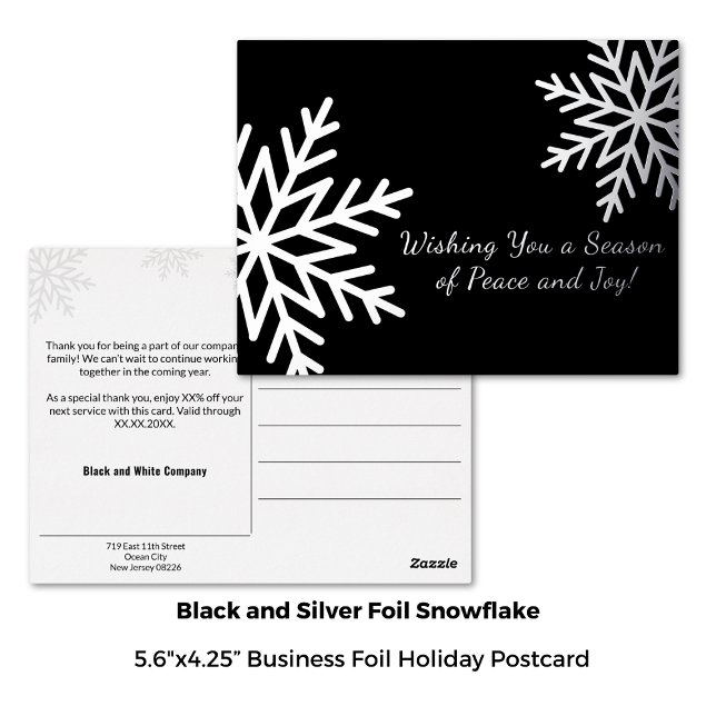 Bold Black and Silver Winter Snowflake Business Foil Holiday Postcard (Creator Uploaded)