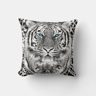 Bold Black And White Blue Eyes Tiger Cushion