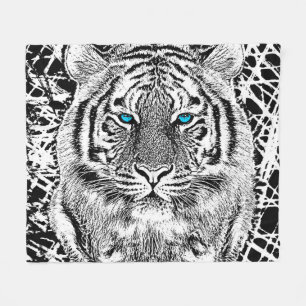 Bold Black And White Blue Eyes Tiger Fleece Blanket