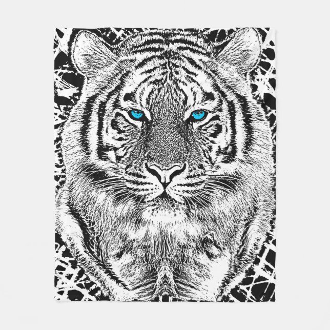 Bold Black And White Blue Eyes Tiger Fleece Blanket (Front)