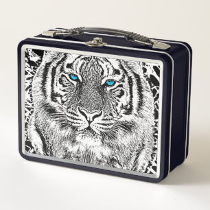 Bold Black And White Blue Eyes Tiger Metal Lunch Box