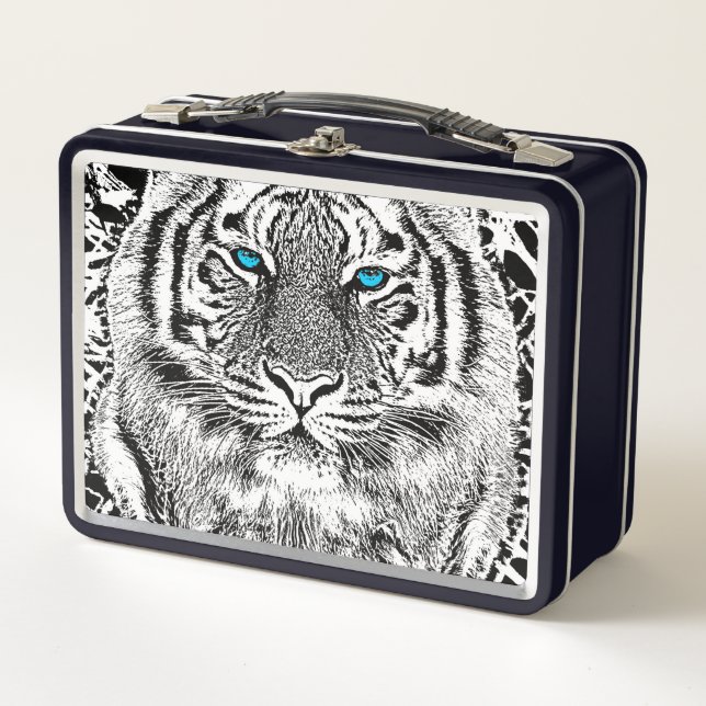 Bold Black And White Blue Eyes Tiger Metal Lunch Box (Front)
