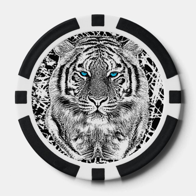Bold Black And White Blue Eyes Tiger Poker Chips (Front)