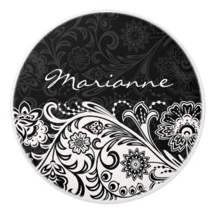 Bold Black and White Floral Ceramic Pull or Knob