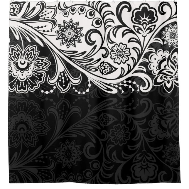 Bold Black and White Floral Design Shower Curtain (Front)