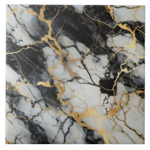 Bold Black and White Marble with Gold Cracks Tile