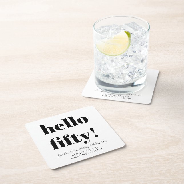 Bold Black and White Modern 50th Birthday Custom Square Paper Coaster (Insitu)