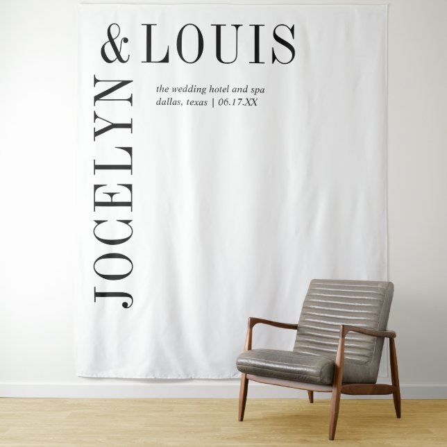 Bold Black and White Modern Wedding Backdrop Tapestry (In Situ)