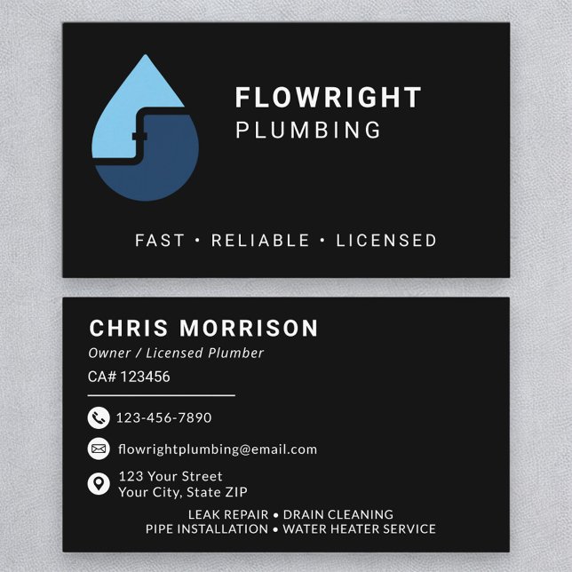 Bold Black and White Plumbing Professional Business Card (Creator Uploaded)