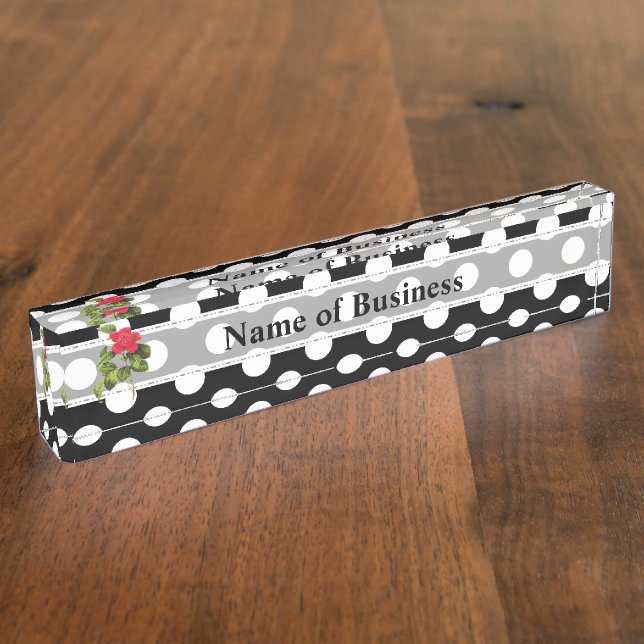 Bold Black and White Polka Dots Camellia Business Nameplate (Side)