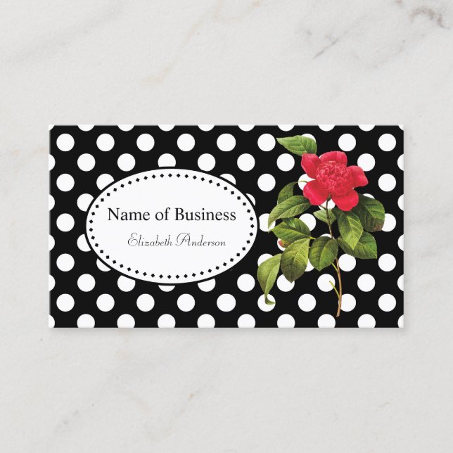 Bold Black and White Polka Dots Chic Red Camellia Business Card (Front)