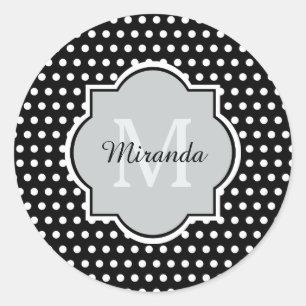 Bold Black and White Polka Dots Monogram and Name Classic Round Sticker