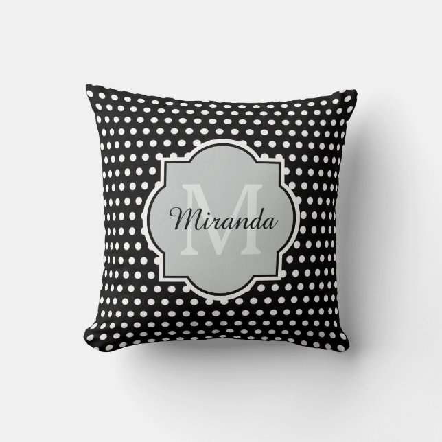 Bold Black and White Polka Dots Monogram and Name Cushion (Front)