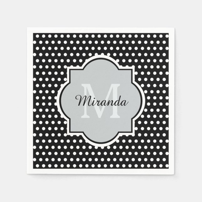 Bold Black and White Polka Dots Monogram and Name Napkin (Front)