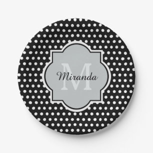 Bold Black and White Polka Dots Monogram and Name Paper Plate