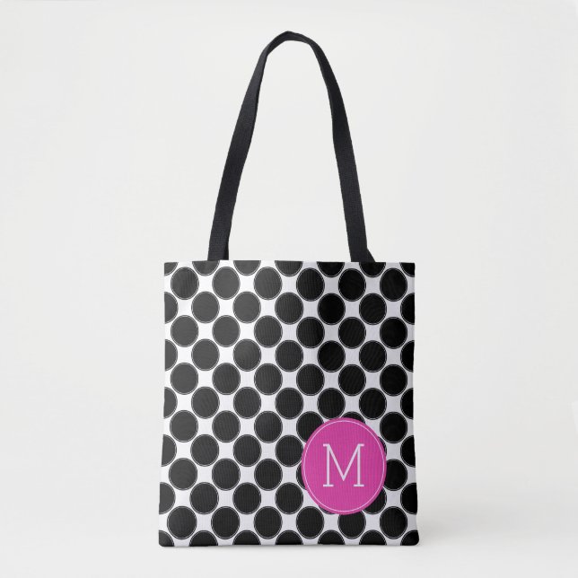 Bold Black and White Polka Dots with Pink Monogram Tote Bag (Front)