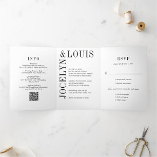 Bold Black and White QR Code Modern Wedding Tri-Fold Invitation