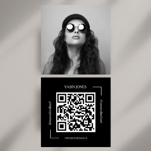 Bold Black and White QR Code Social Photo Square Business Card