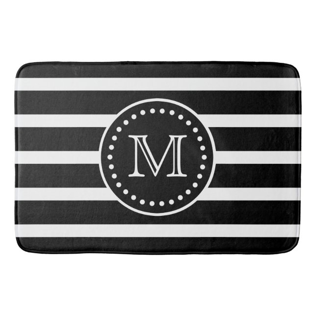 Bold Black and White Stripe and Polka Dot Monogram Bath Mat (Front)