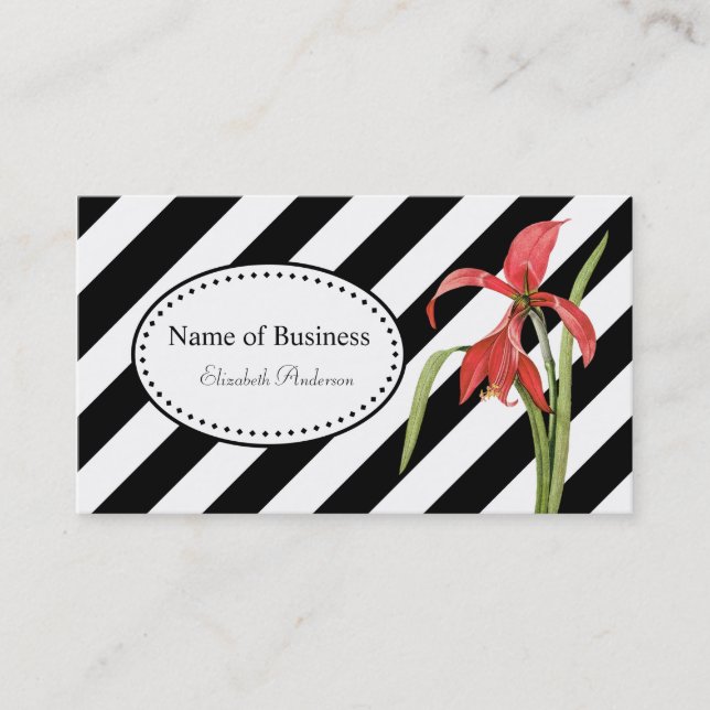 Bold Black and White Stripes Red Amaryllis Flower Business Card (Front)