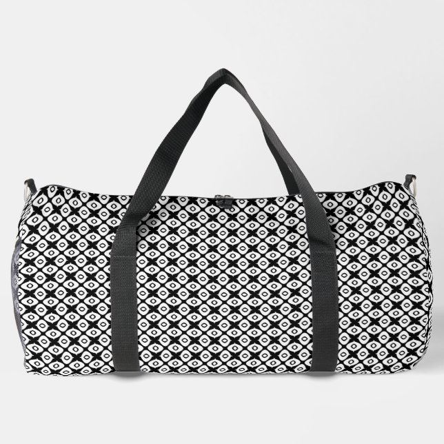 Bold Black and White Symmetrical Arabesque Pattern Duffle Bag (Back)