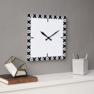 Bold Black and White Symmetrical Arabesque Pattern Square Wall Clock