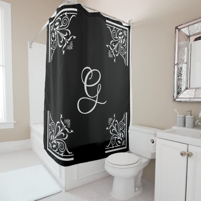 Bold Black and White Vintage Personalised  Shower Curtain (In Situ)