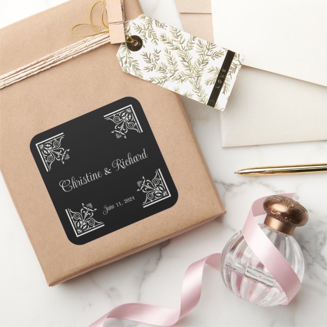 Bold Black and White Vintage Wedding  Square Sticker (Gifting)