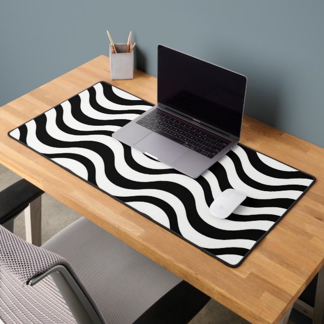 Bold Black and White Wavy Abstract Desk Mat (Office 2)