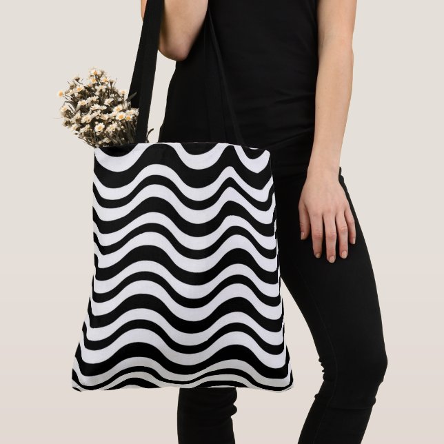 Bold Black and White Wavy Abstract Tote Bag (Close Up)
